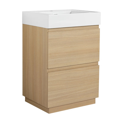 Light brown freestanding bathroom vanity with white single sink basin and two drawers