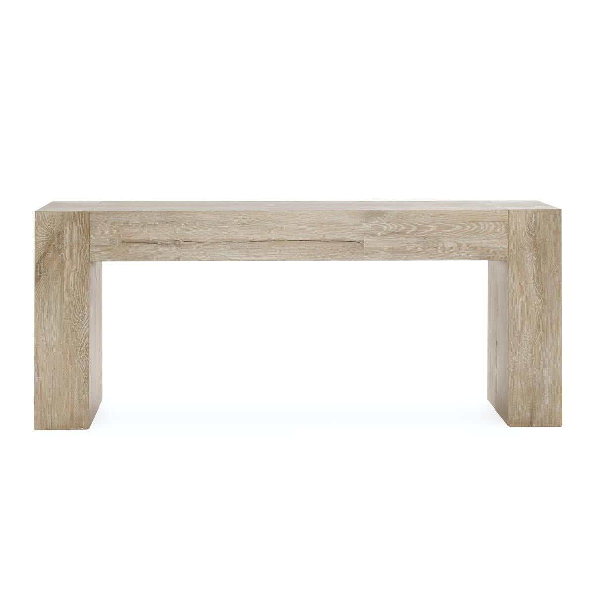 Reclaimed oak table with block legs and open base, aged cream finish