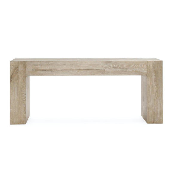 Reclaimed oak table with block legs and open base, aged cream finish