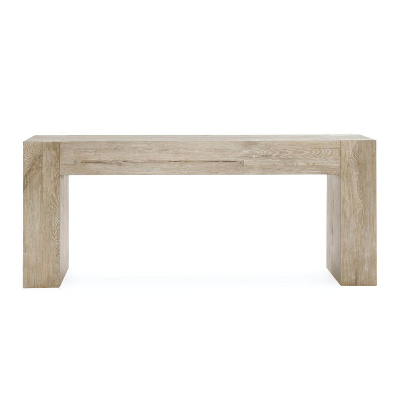 Reclaimed oak table with block legs and open base, aged cream finish