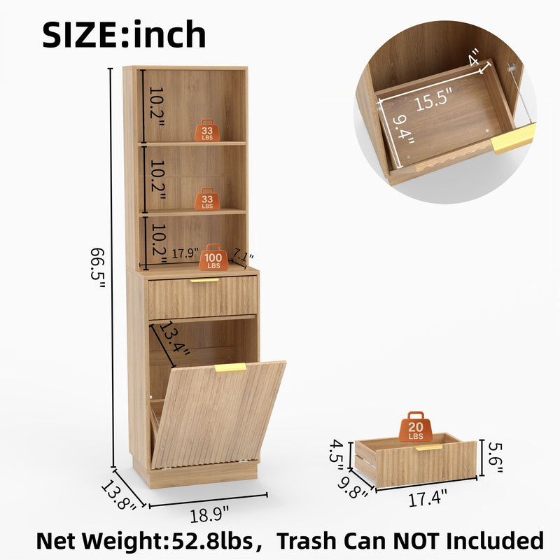 Light brown fluted storage cabinet with open lower bin door and dimension measurements