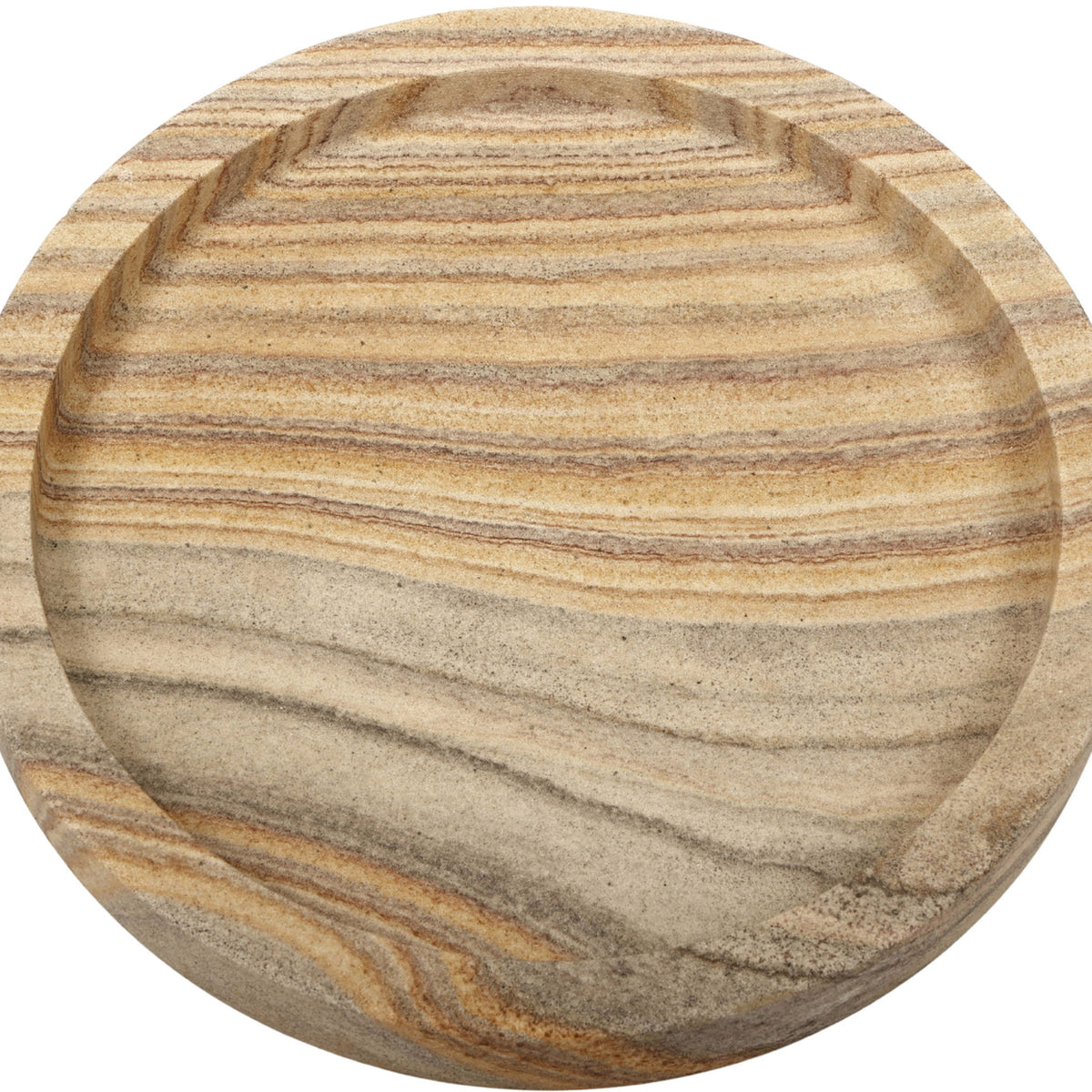 Circular sandstone tray top, beige and gray bands with natural stone texture