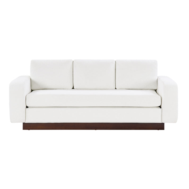 White 3-seater sofa with three back cushions and thick, cushioned arms