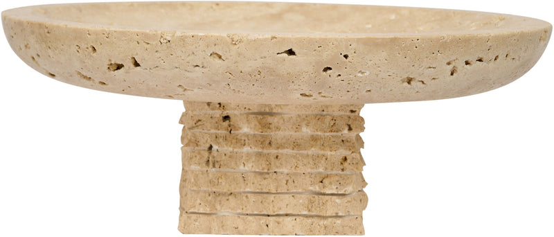 Beige travertine bowl side view with banded pedestal support