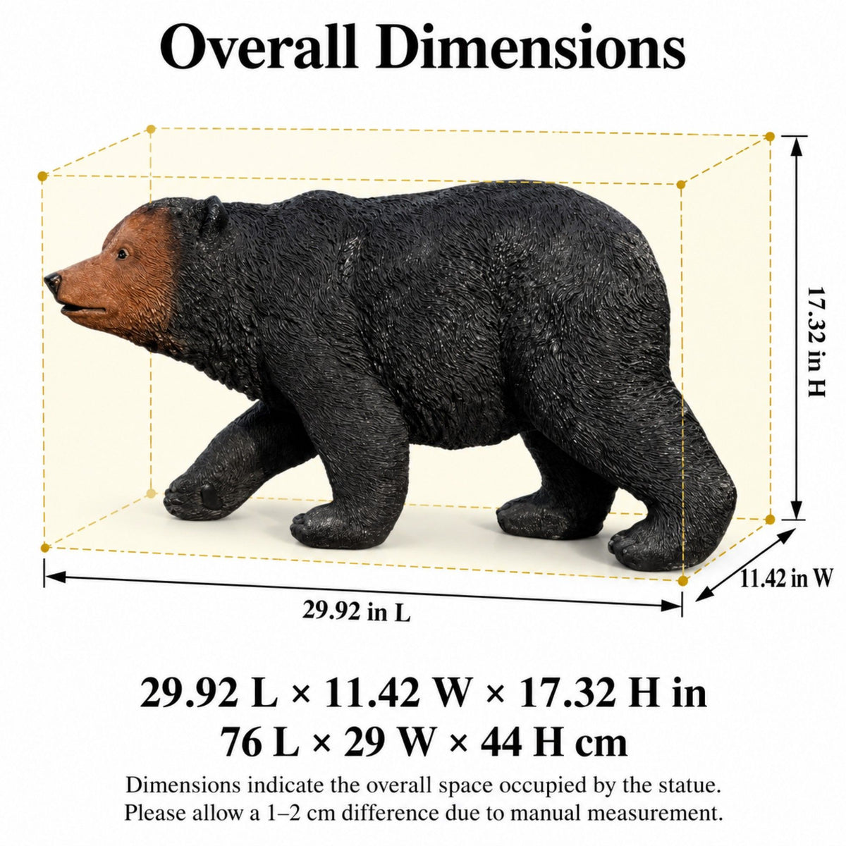 Walking bear statue side view with dimensions: 29.92 x 11.42 x 17.32 inches