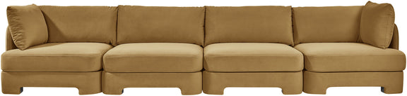 Tan velvet performance fabric modular sectional sofa with four cushioned seat sections