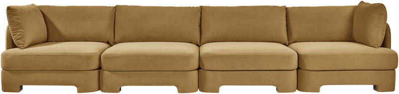 Tan velvet performance fabric modular sectional sofa with four cushioned seat sections
