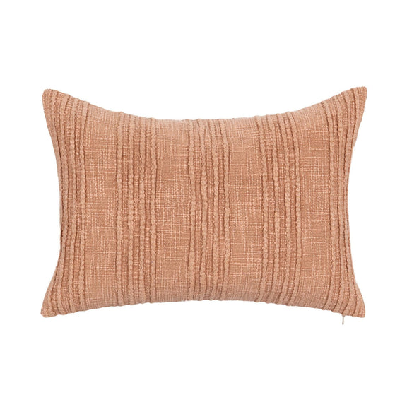 Rust terracotta lumbar pillow with woven vertical texture and seam detail