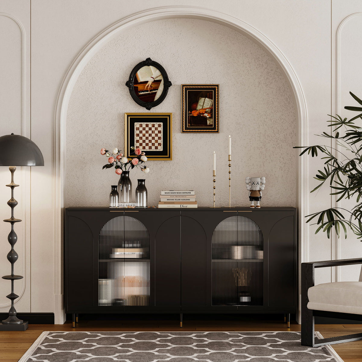 Accent Cabinet Lacquered Wooden Cabinet With 4 Glass Doors Sideboard Buffet Server Cabinet Storage Cabinet, For Living Room, Entryway, Hallway, Office, Kitchen And Dining Room