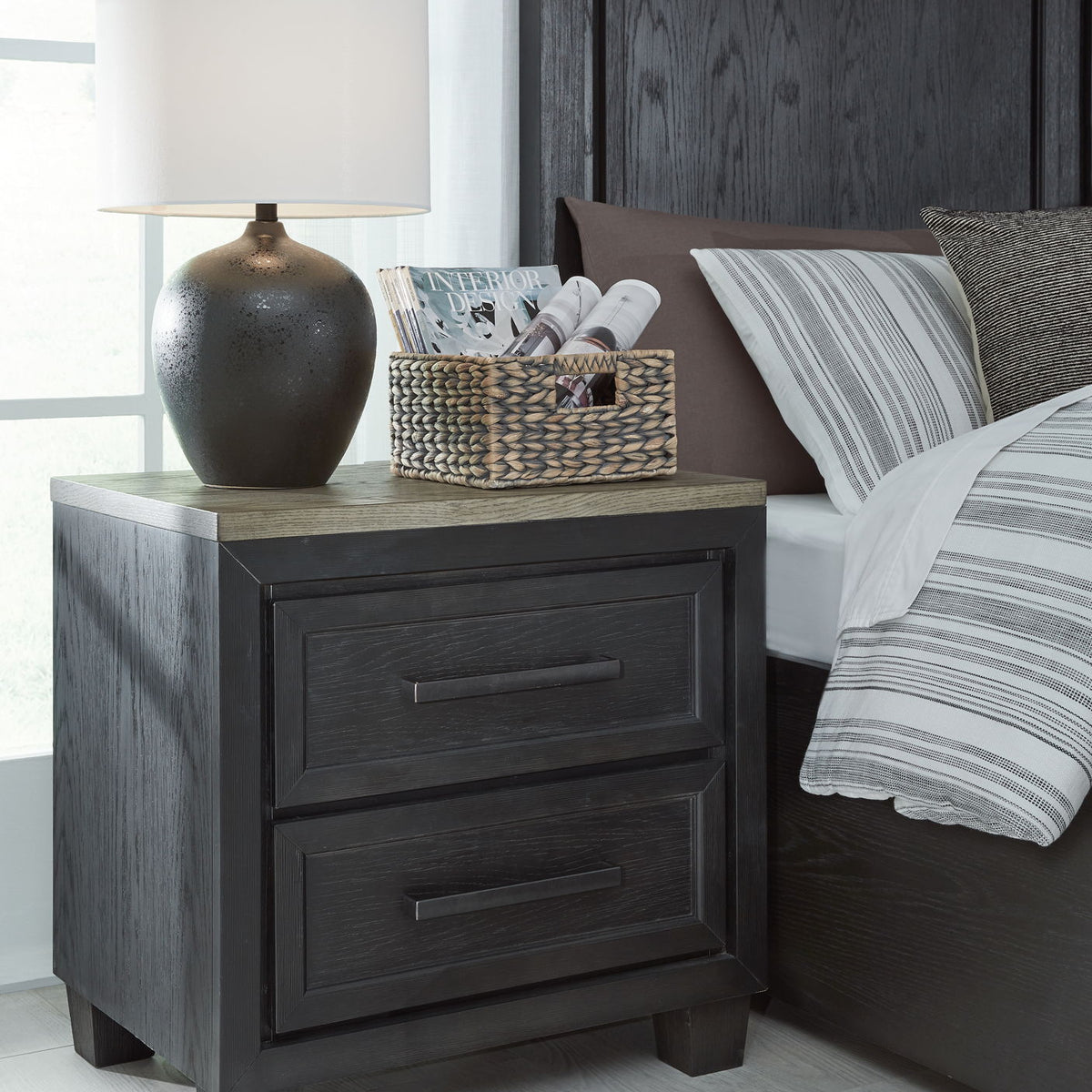 Foyland - Two Drawer Night Stand - Black / Brown