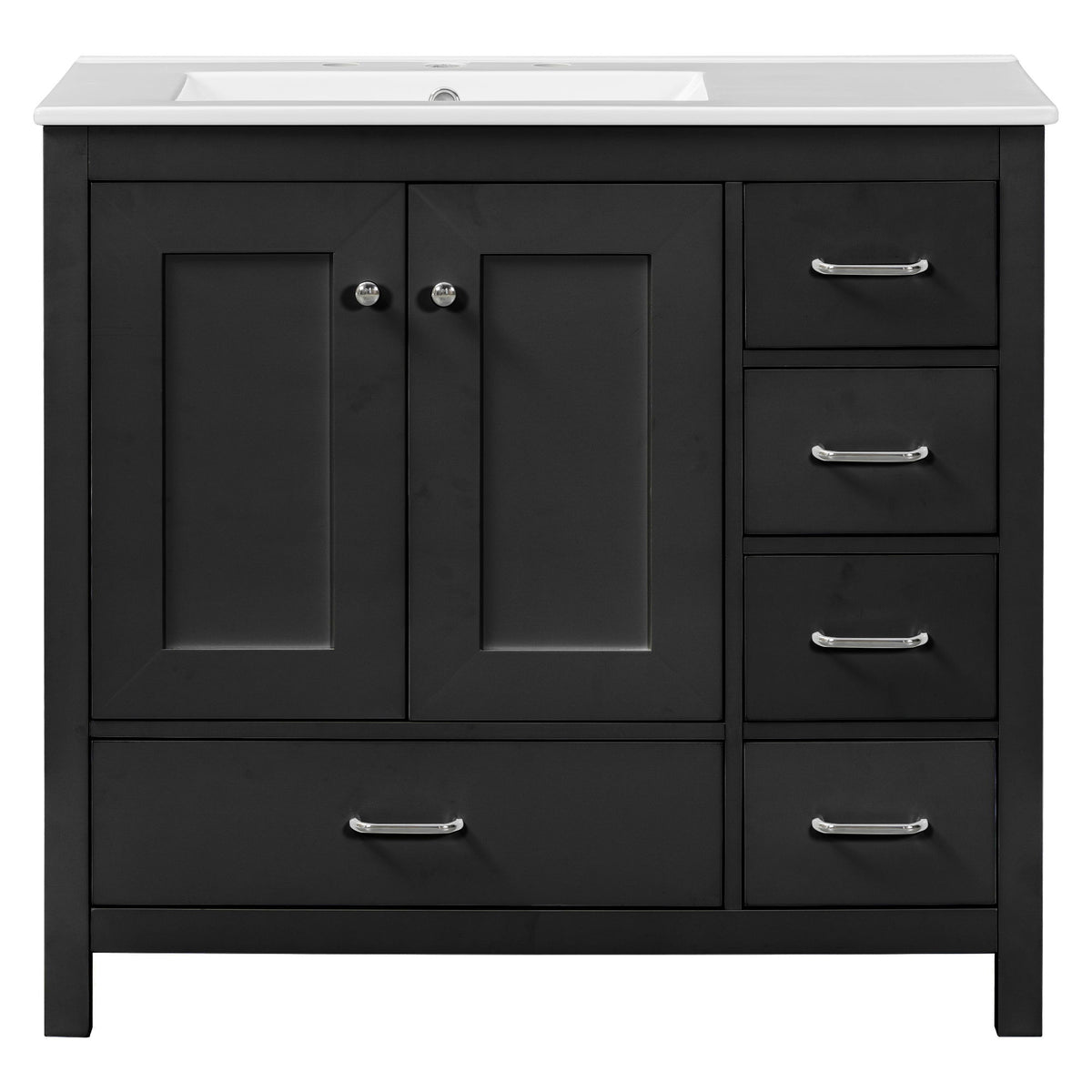 Bathroom vanity with ceramic sink, dark finish, two doors and four drawers, metal pulls