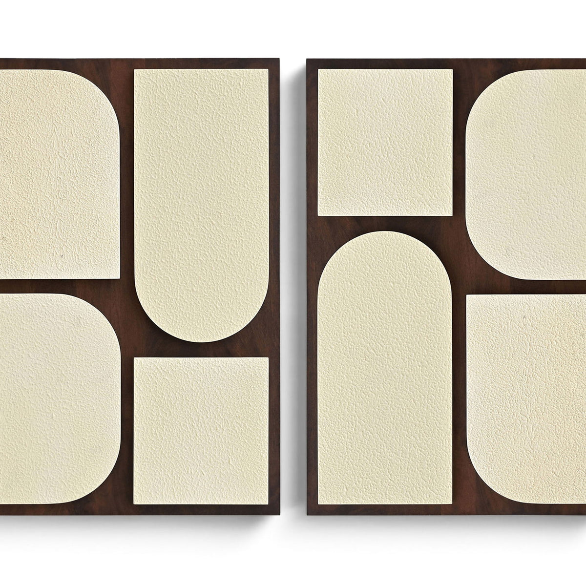 Two-piece wall art set with dark brown frames and beige abstract rounded panels.
