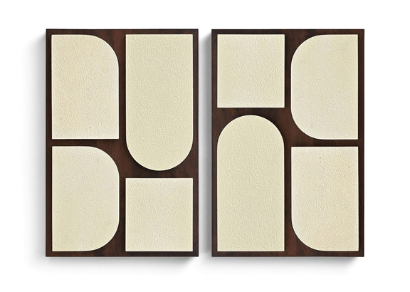 Two-piece wall art set with dark brown frames and beige abstract rounded panels.