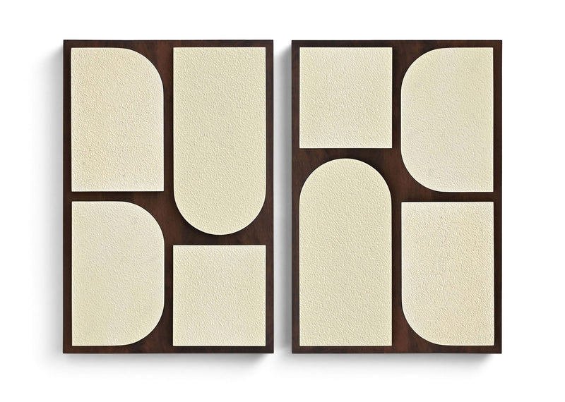 Two-piece wall art set with dark brown frames and beige abstract rounded panels.
