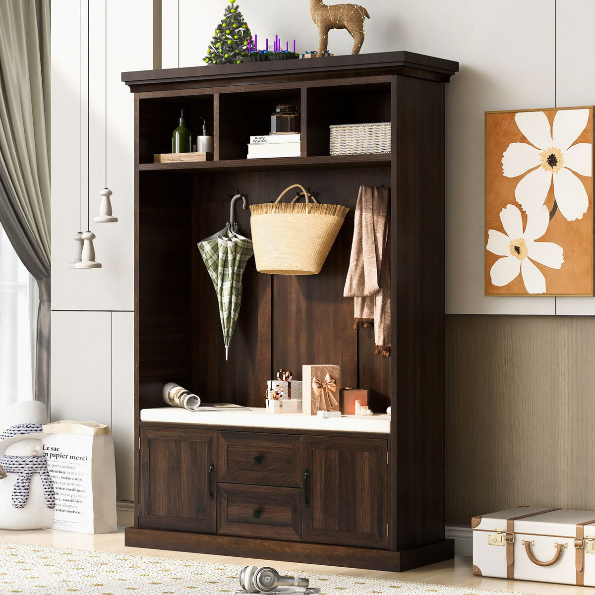 Hall Tree With 3 Hooks, Coat Hanger, Entryway Bench, Storage Bench, 3 In 1 Design