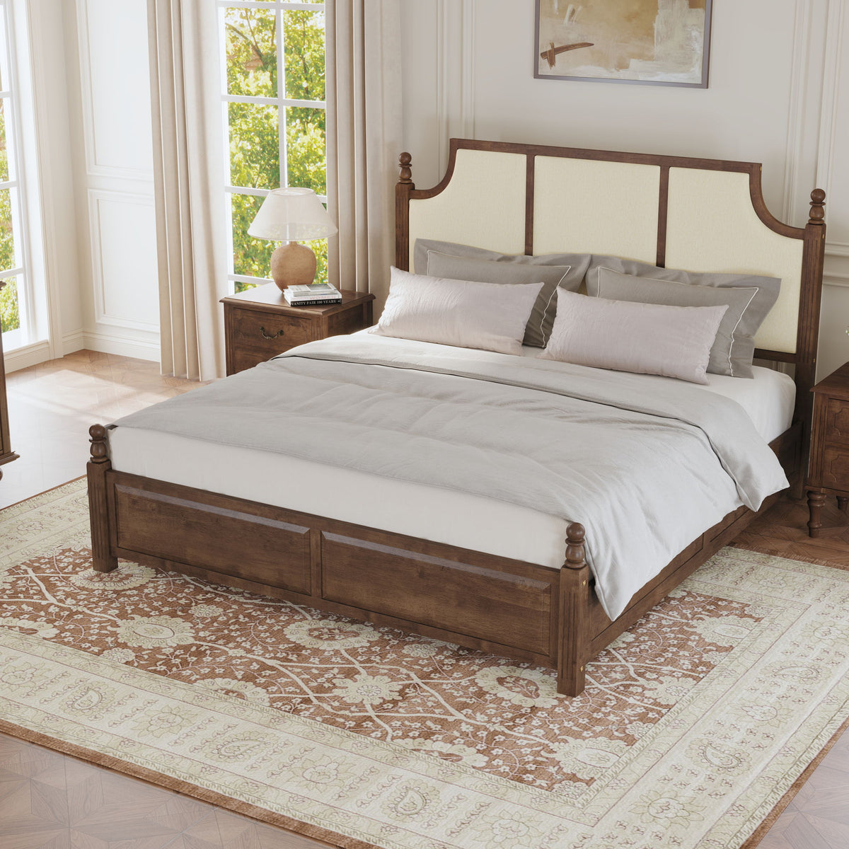 Upholstered platform bed with tall headboard, brown frame, cream panels, made bed