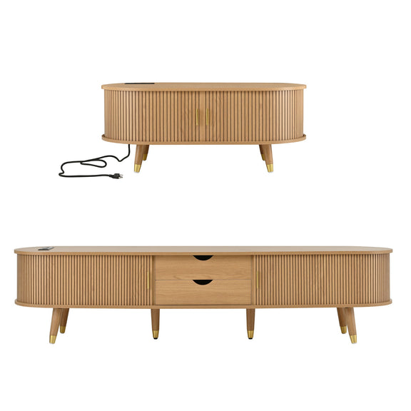 Light wood TV stand with two drawers and round coffee table; charging cable shown