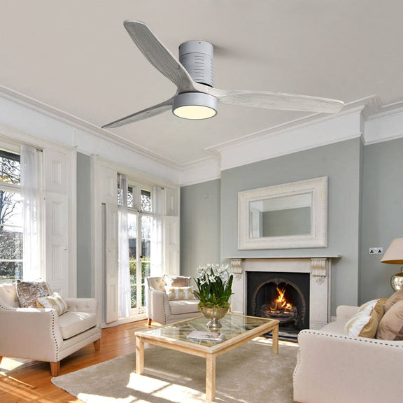 Silver 3-blade LED ceiling fan with lit light kit and textured DC motor housing