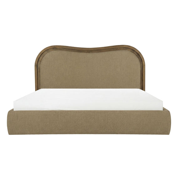Upholstered king bed front view with tall padded headboard and green fabric