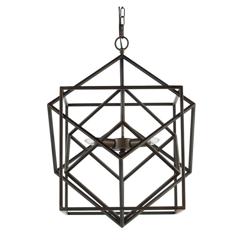 Black 3-light chandelier with hanging chain and open geometric cube frame
