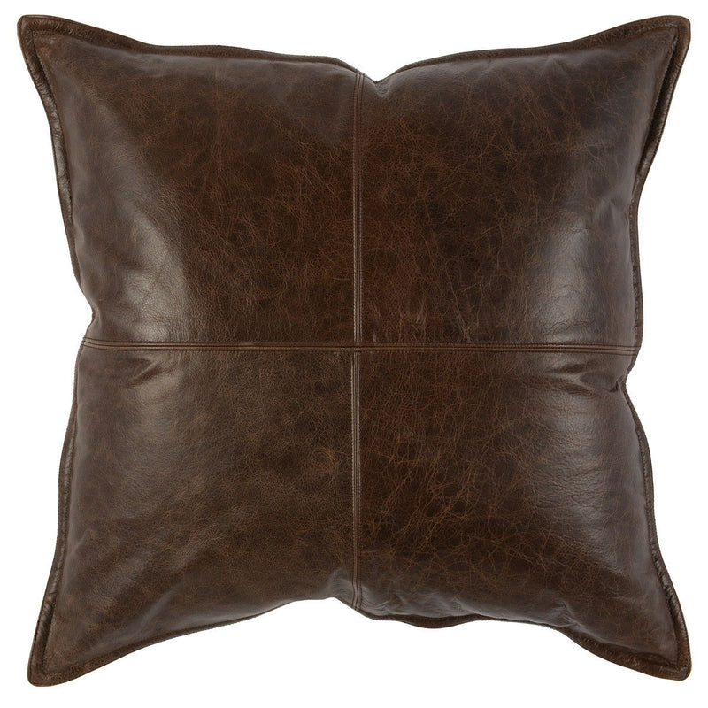 Brown leather square pillow, four-panel stitched design with piped edges.