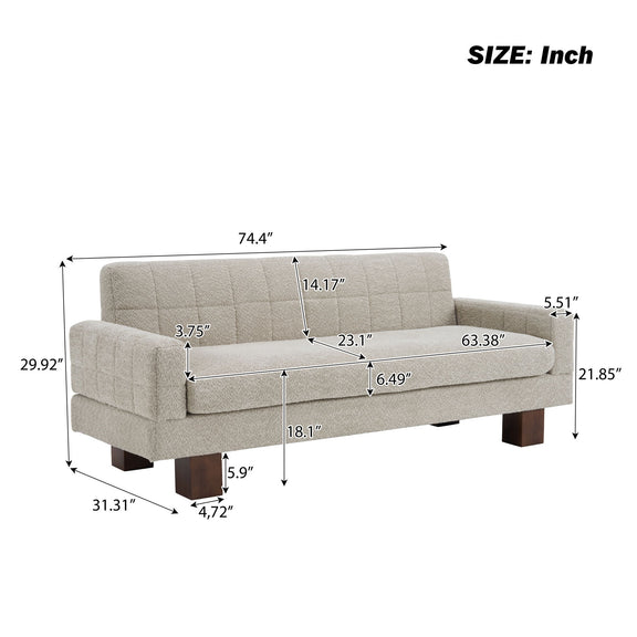 Two-seater loveseat sofa size diagram, beige upholstery, square arms