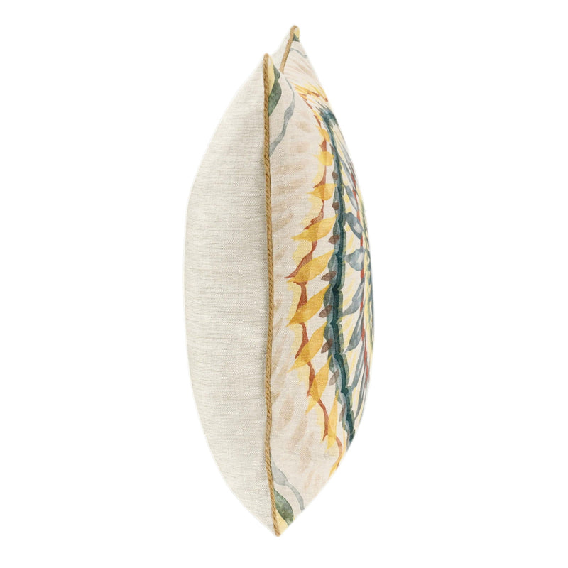 Decorative throw pillow showing side profile with multicolor leaf-mandala panel and tan trim
