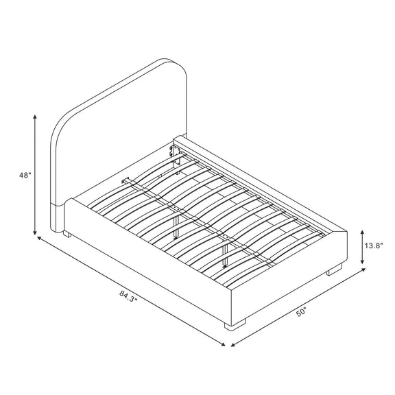 Upholstered bed frame with rounded headboard and slatted base, measurement diagram view