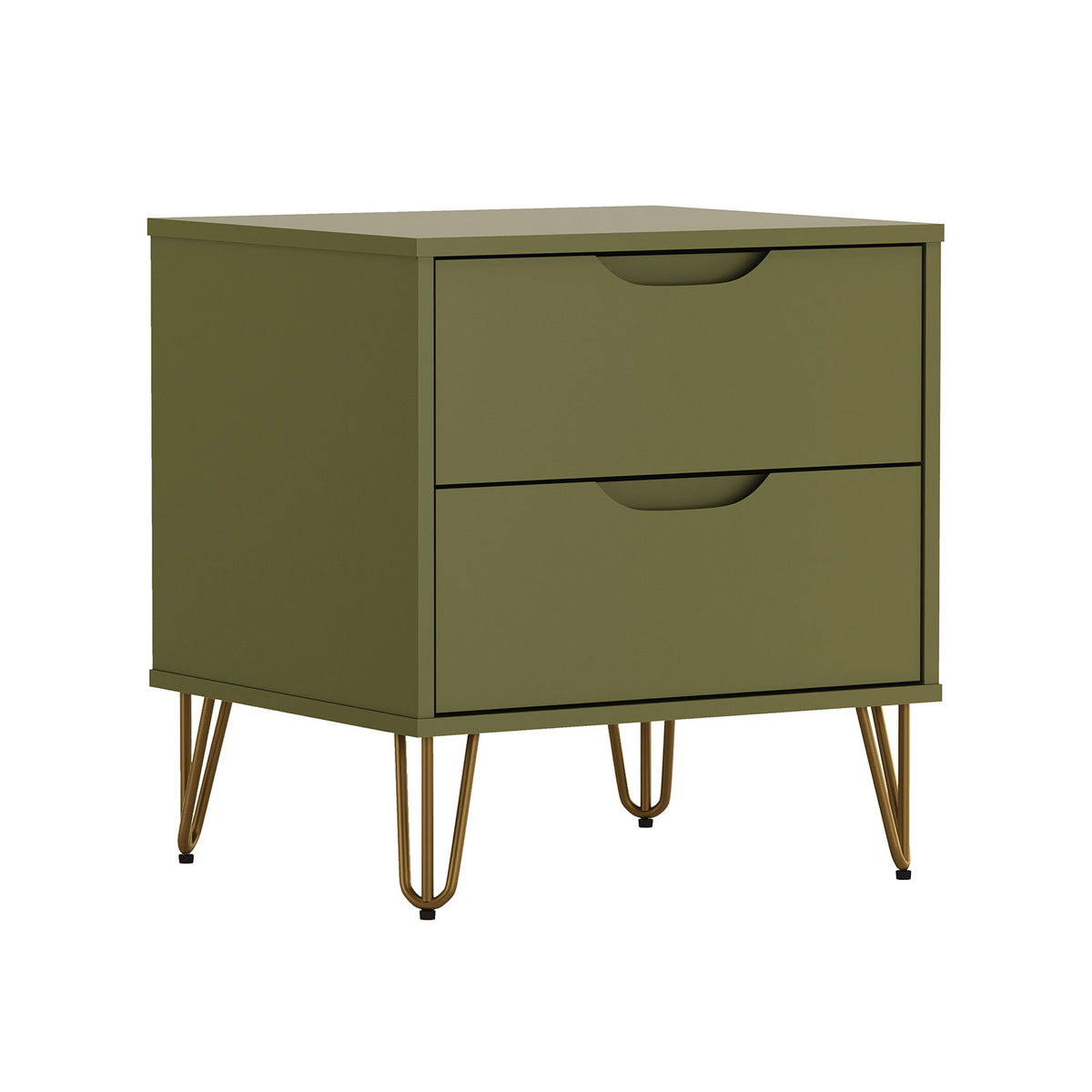 2-drawer nightstand in dark green with curved drawer fronts and tapered gold legs