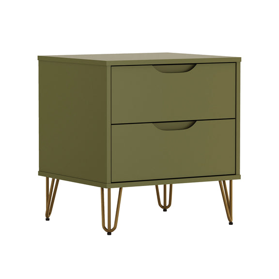 2-drawer nightstand in dark green with curved drawer fronts and tapered gold legs
