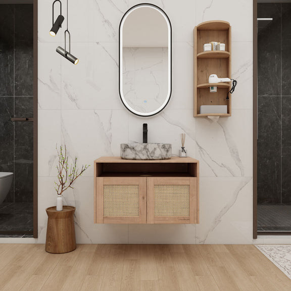 Wall-mounted single-sink vanity with marble-look countertop, light oak two rattan doors
