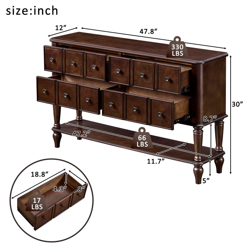 Espresso console table with open shelf, storage drawers, and size diagram