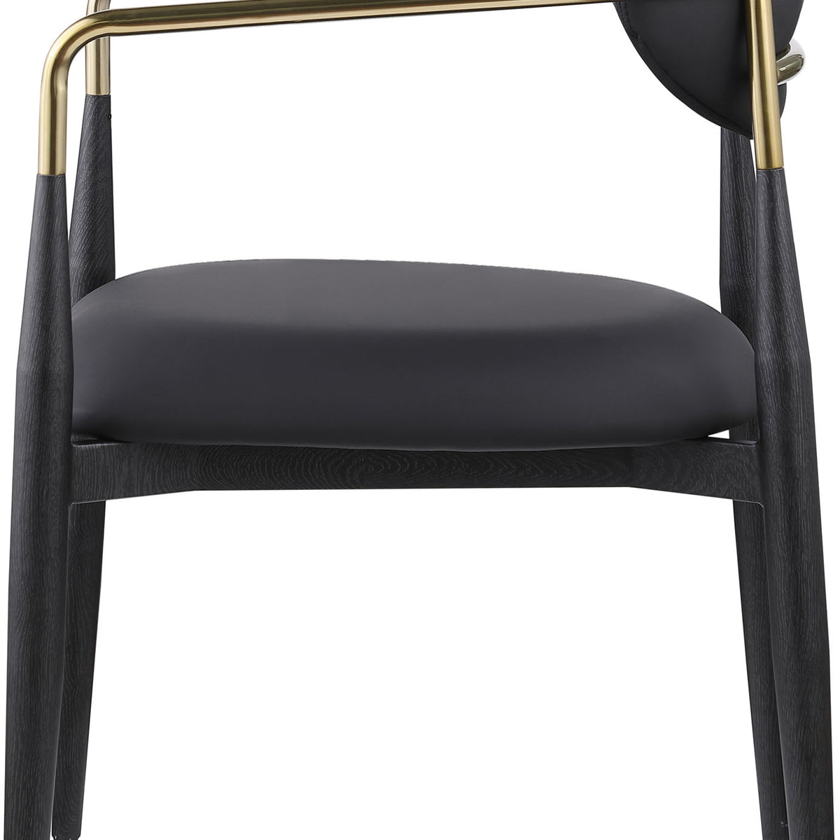 Black upholstered dining arm chair with rounded back, black legs, gold arm frame