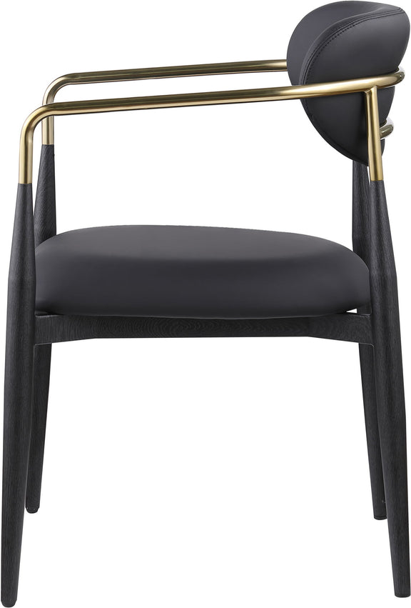 Black upholstered dining arm chair with rounded back, black legs, gold arm frame