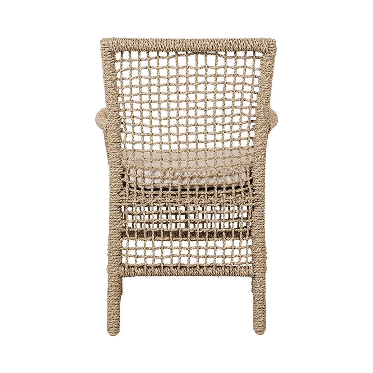 Natural woven outdoor dining chair back and seat with lattice pattern, no cushion visible