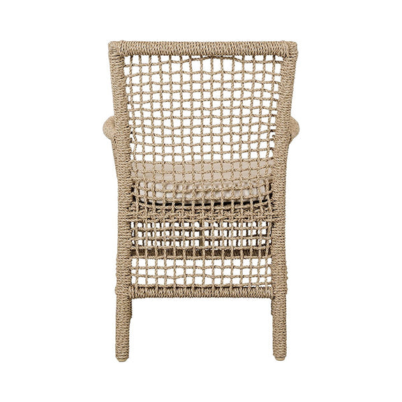 Natural woven outdoor dining chair back and seat with lattice pattern, no cushion visible