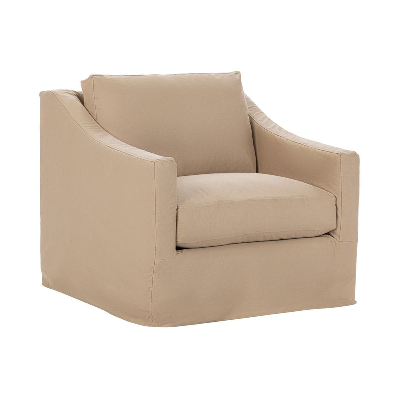 Upholstered armchair in light tan with wide arms and upright back