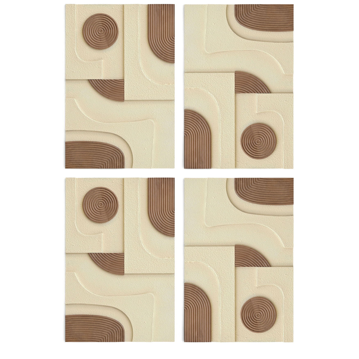 Cream textured 4-piece wall art set with brown ring circles and curved arc panels