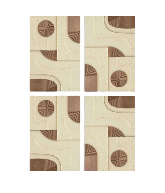 Cream textured 4-piece wall art set with brown ring circles and curved arc panels