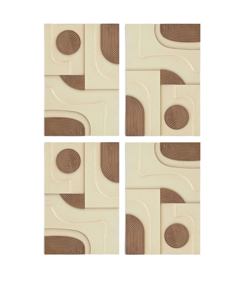 Cream textured 4-piece wall art set with brown ring circles and curved arc panels