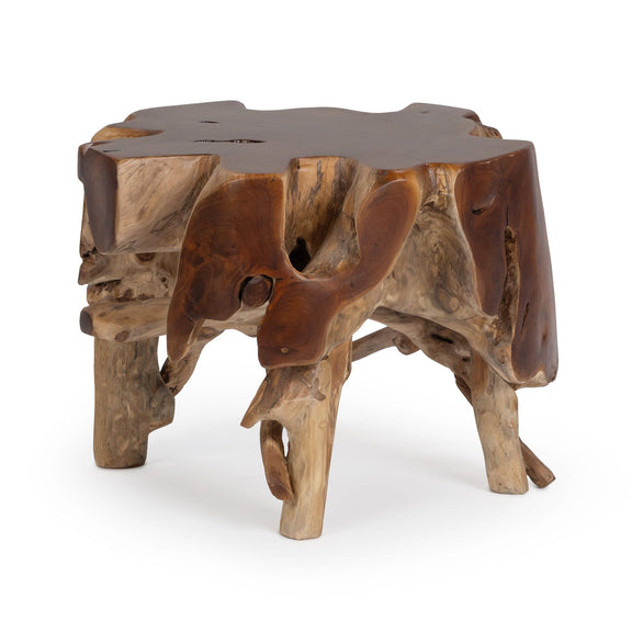 Rustic wood table with dark brown top, openwork carved legs, and natural finish