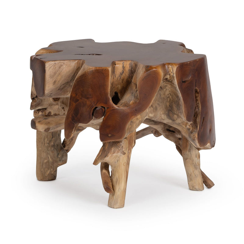 Rustic wood table with dark brown top, openwork carved legs, and natural finish