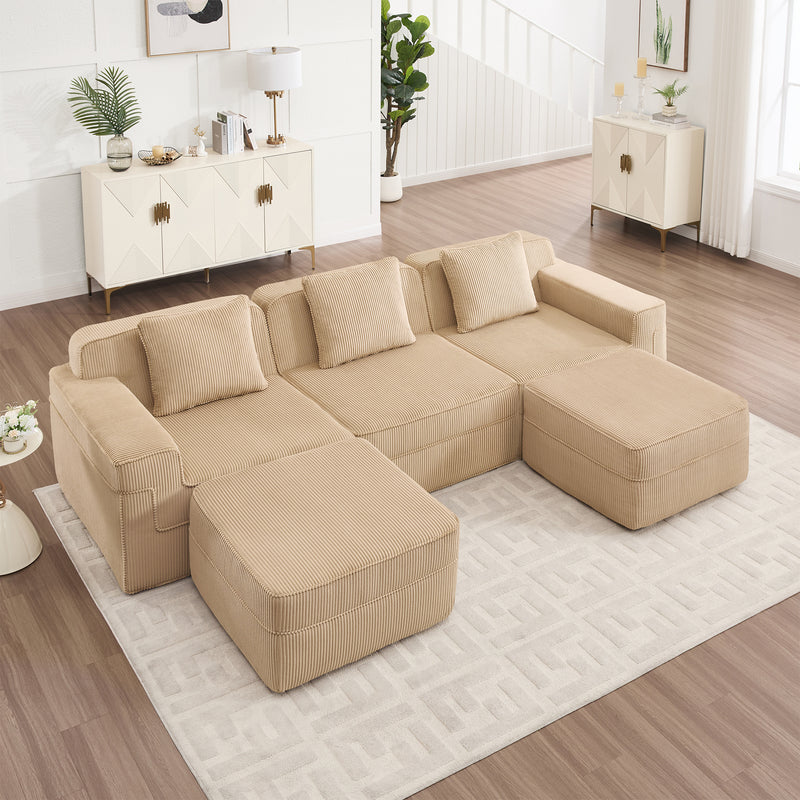 3-Seater Modular U-Shaped Corduroy Sectional Sofa - Camel Corduroy