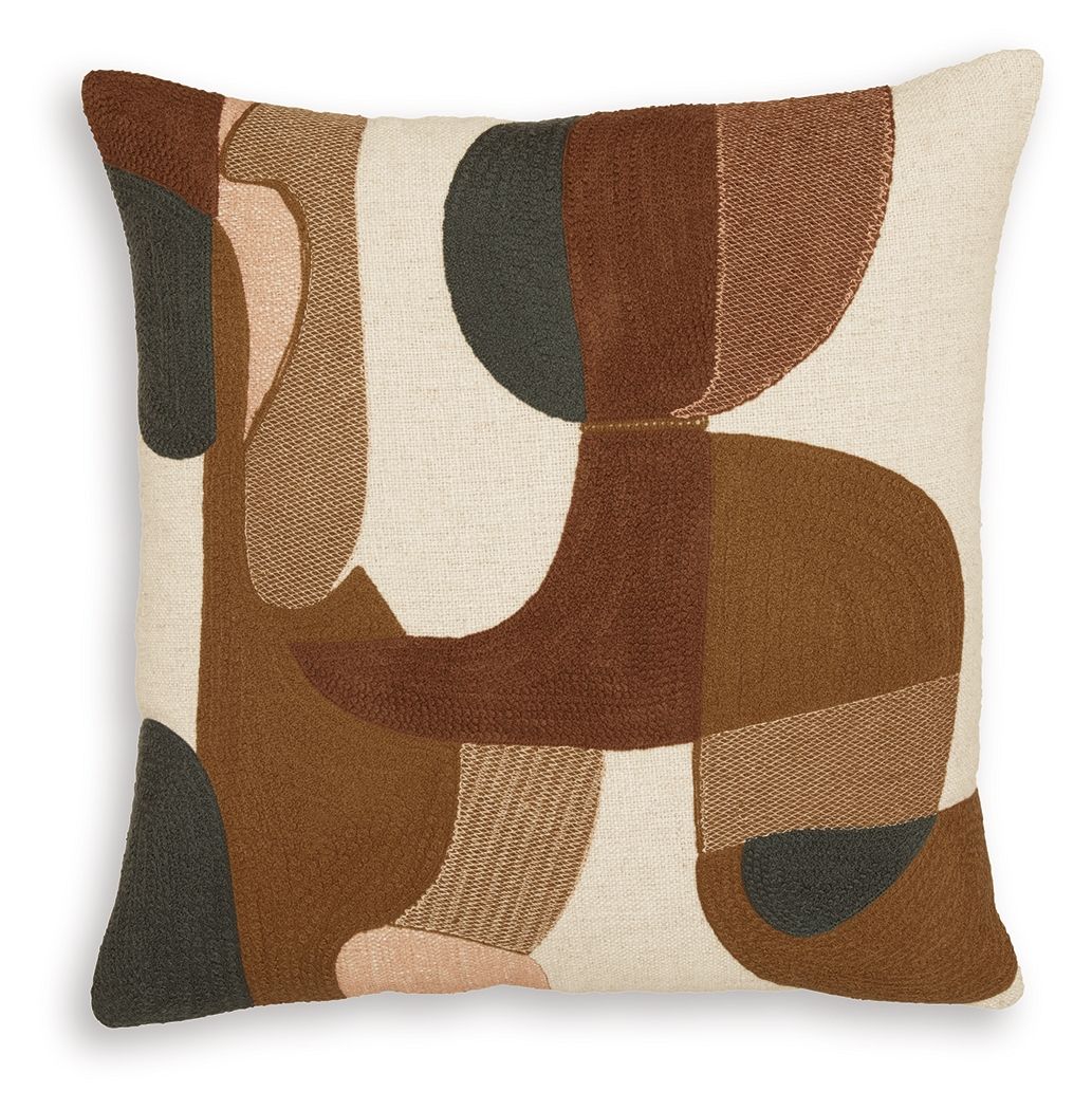 Decorative throw pillow with abstract brown, gold, and charcoal shapes on cream background