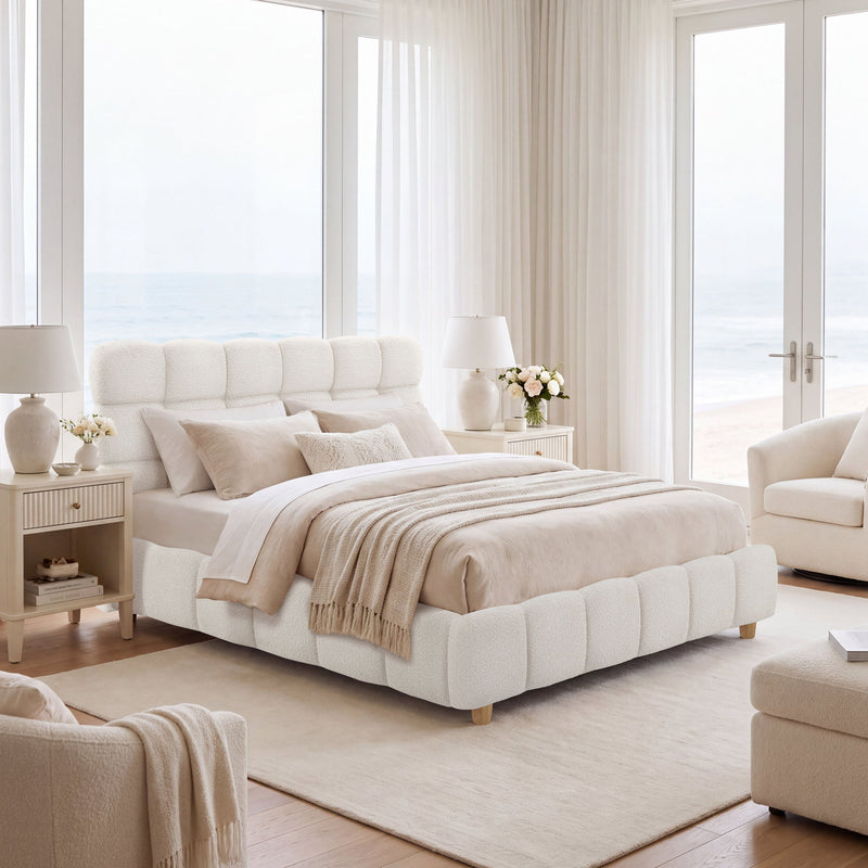 Pula - Queen Platform Bed With Upholstered Headboard, Slat Support, No Box Spring Needed - Ivory