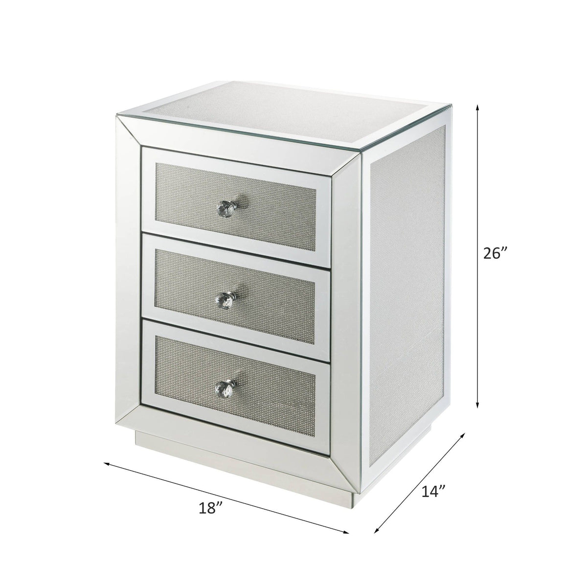 Silver mirrored accent table, three drawers with grey textured fronts; size 18"x14"x26".