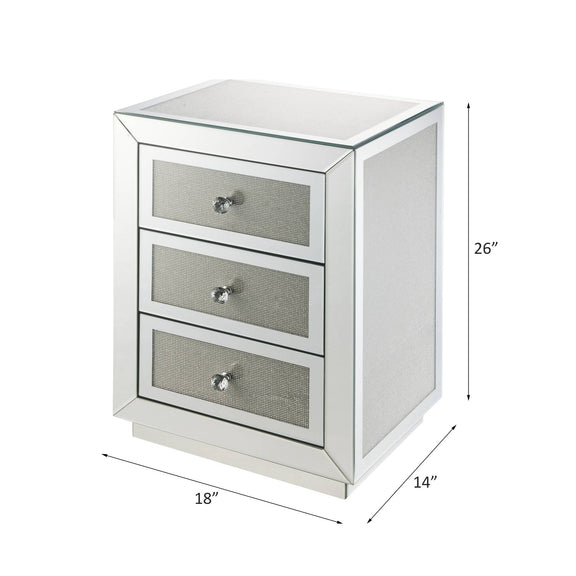 Silver mirrored accent table, three drawers with grey textured fronts; size 18"x14"x26".