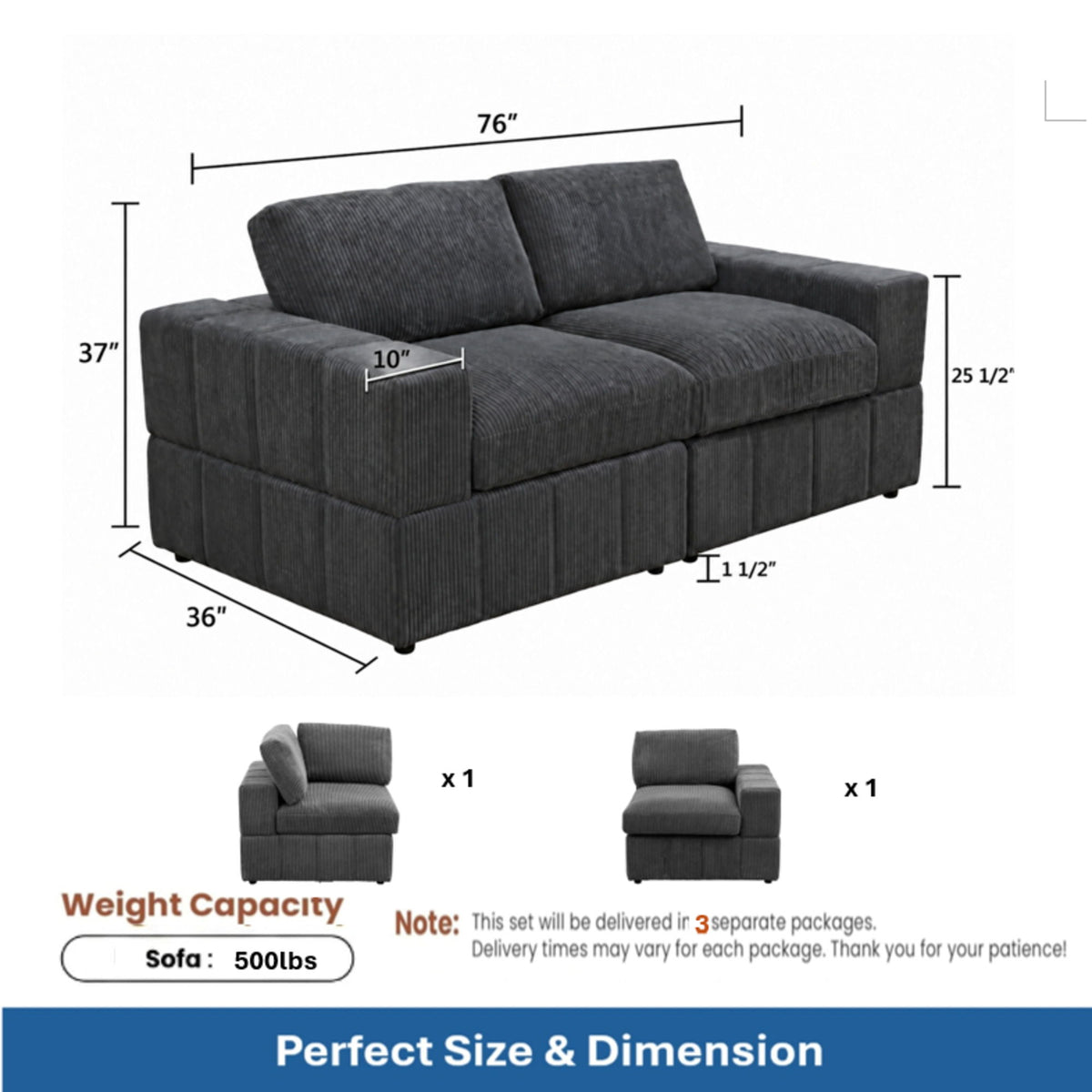 Dark gray upholstered loveseat sofa with wide seat and two back cushions, side view
