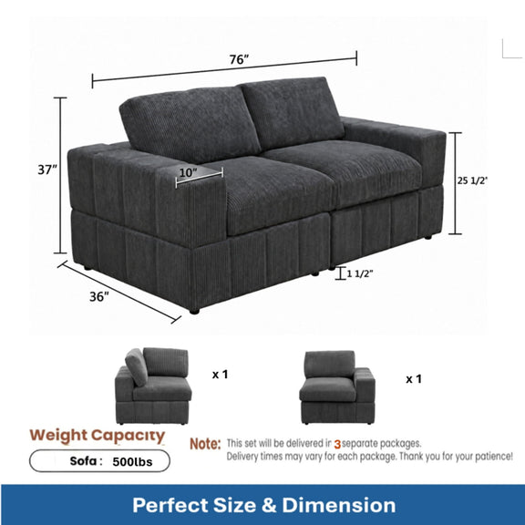 Dark gray upholstered loveseat sofa with wide seat and two back cushions, side view