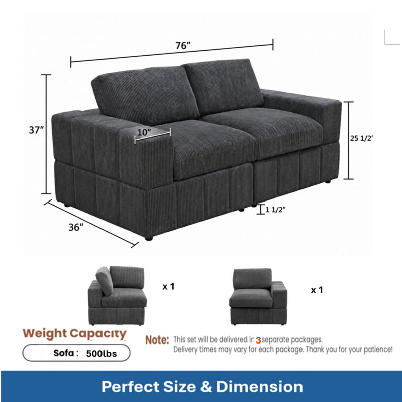 Dark gray upholstered loveseat sofa with wide seat and two back cushions, side view